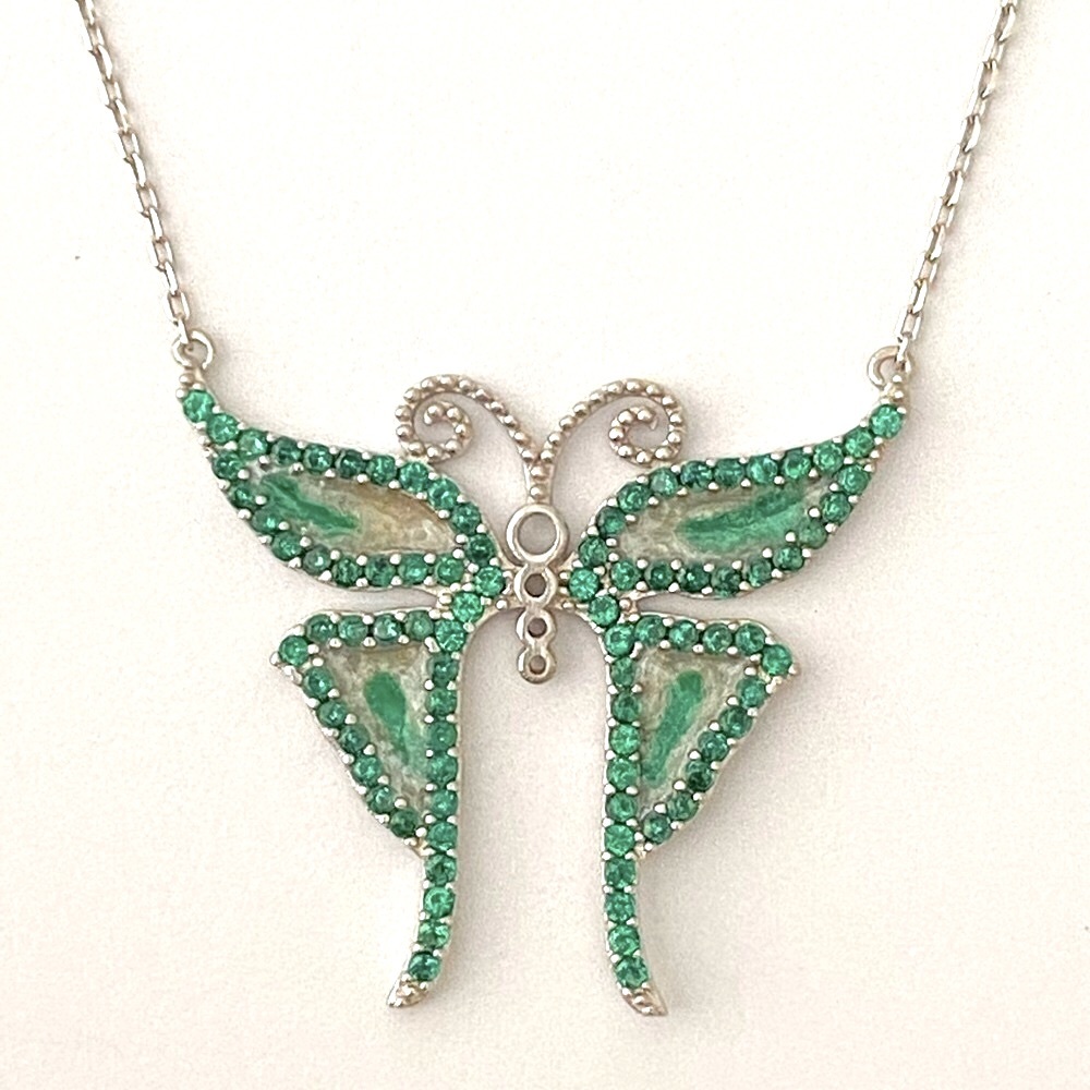 🦋925 Silver green butterfly necklace handmade green white enamel cz stones